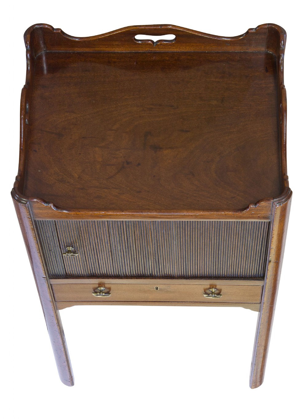 A George III mahogany tambour night stand featuring a cutout gallery top, a slatted sliding door, a single lower drawer with brass handles, and square legs. View IV