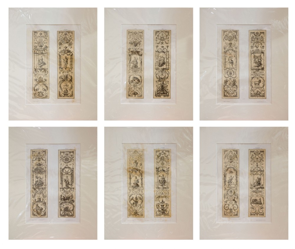 A set of six mounted antique lithographs featuring dual vertical columns of Neoclassical allegorical illustrations depicting the twelve months with intricate arabesques and figures.
