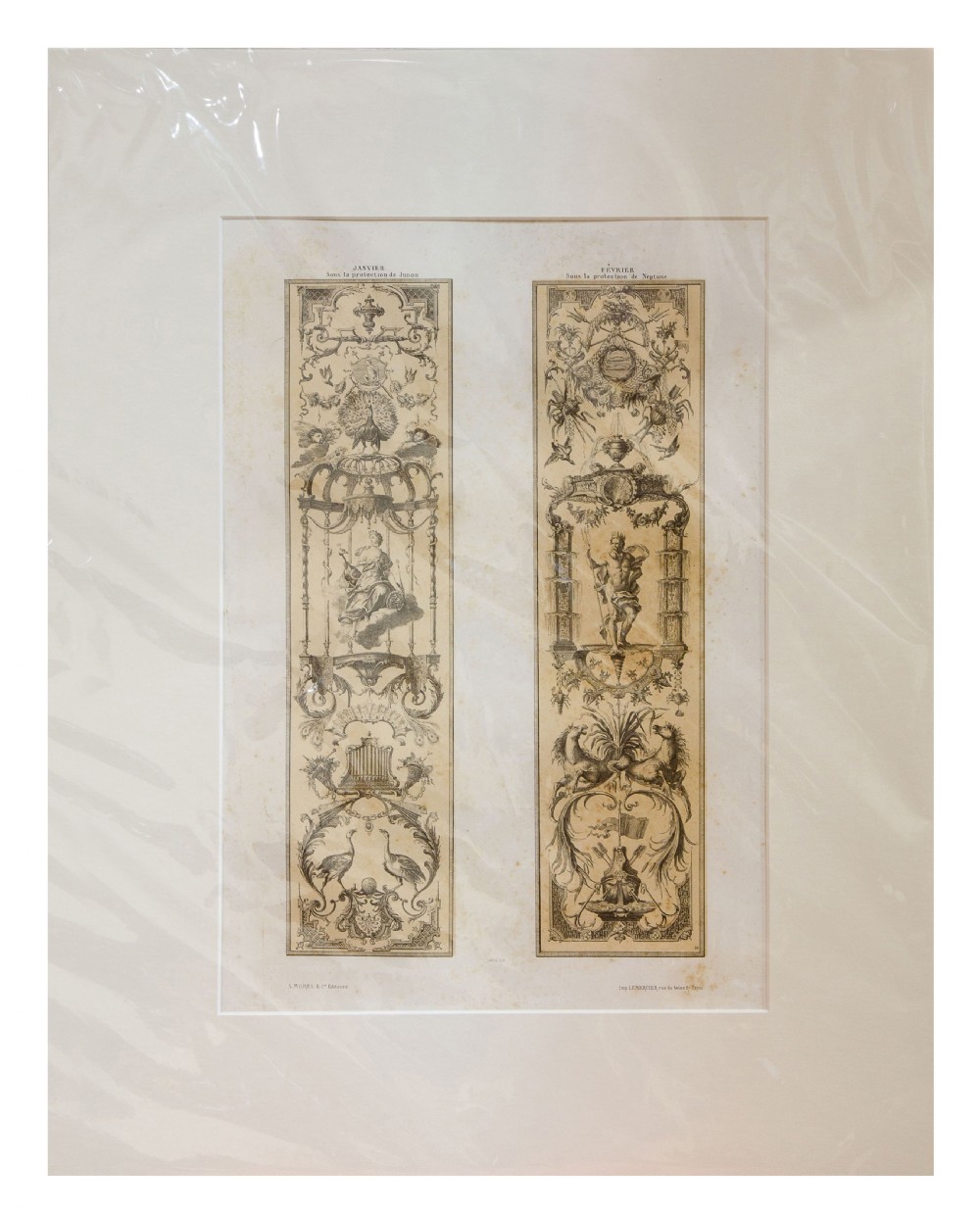 A set of six mounted antique lithographs featuring dual vertical columns of Neoclassical allegorical illustrations depicting the twelve months with intricate arabesques and figures. View II