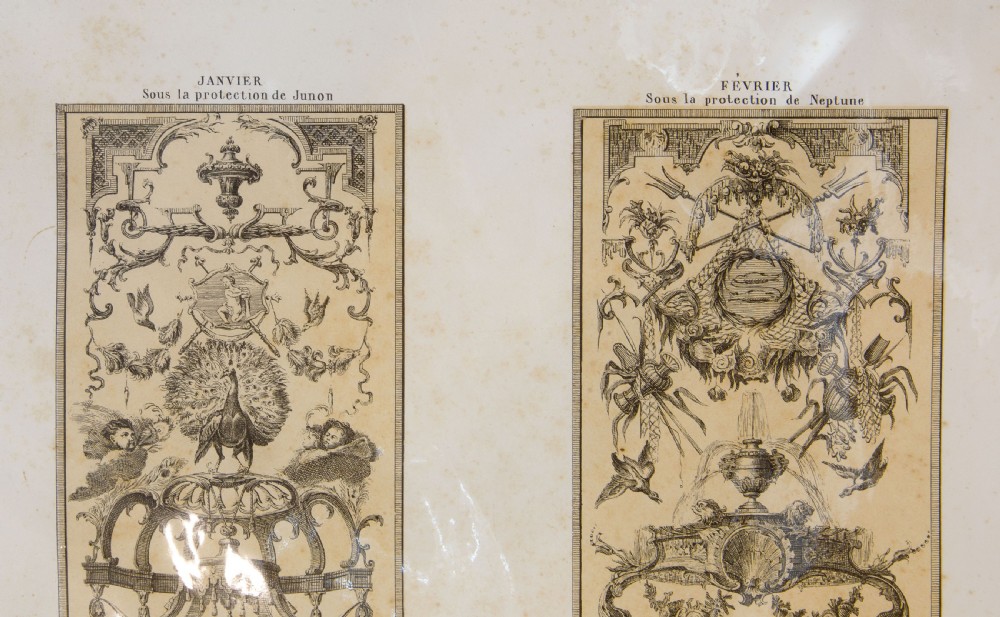 A set of six mounted antique lithographs featuring dual vertical columns of Neoclassical allegorical illustrations depicting the twelve months with intricate arabesques and figures. View III