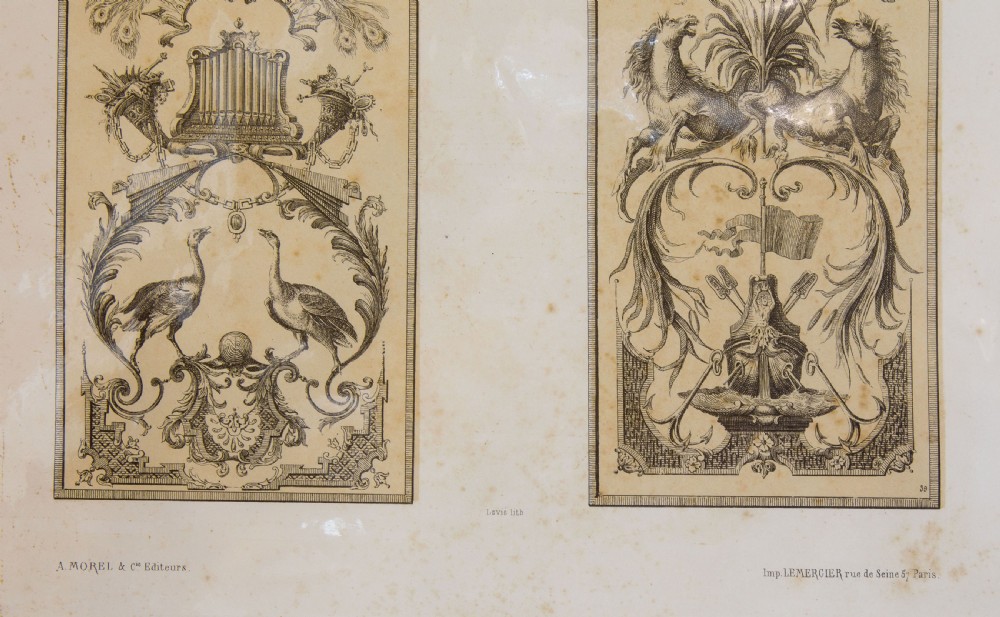A set of six mounted antique lithographs featuring dual vertical columns of Neoclassical allegorical illustrations depicting the twelve months with intricate arabesques and figures. View IV