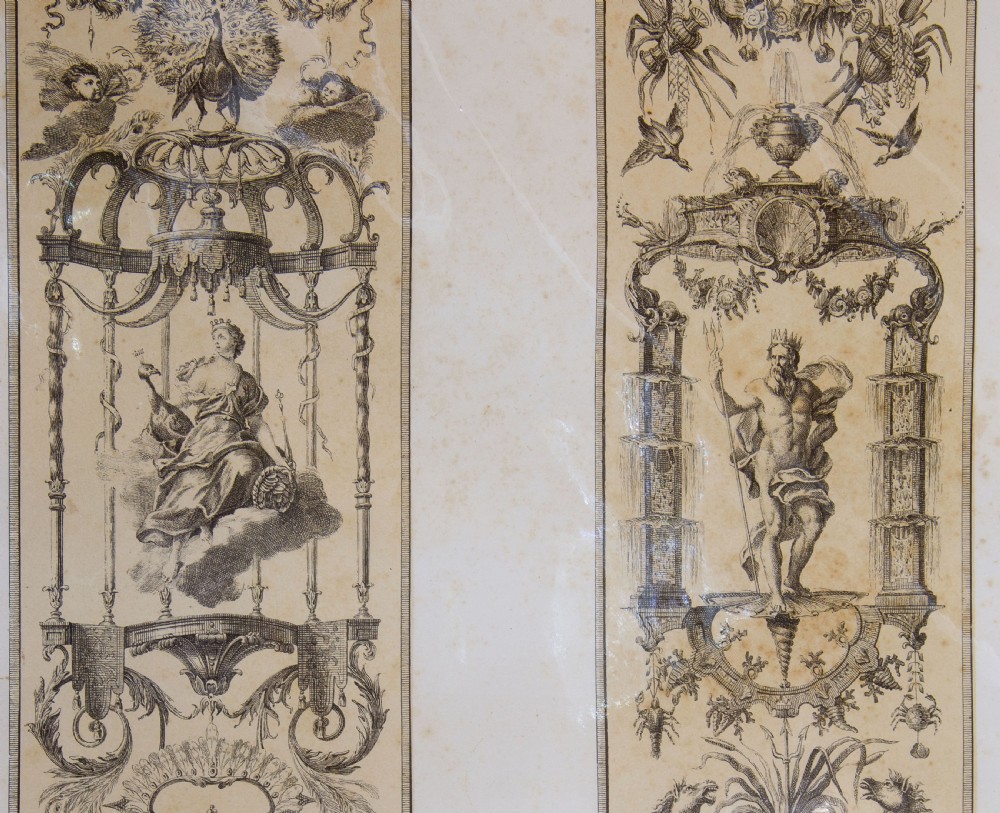 A set of six mounted antique lithographs featuring dual vertical columns of Neoclassical allegorical illustrations depicting the twelve months with intricate arabesques and figures. View V