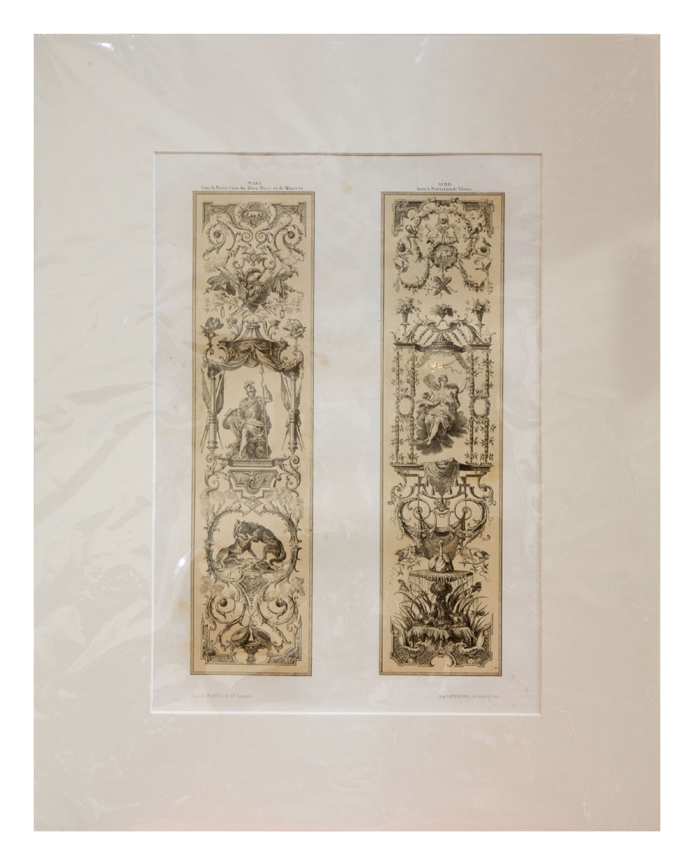 A set of six mounted antique lithographs featuring dual vertical columns of Neoclassical allegorical illustrations depicting the twelve months with intricate arabesques and figures. View VI