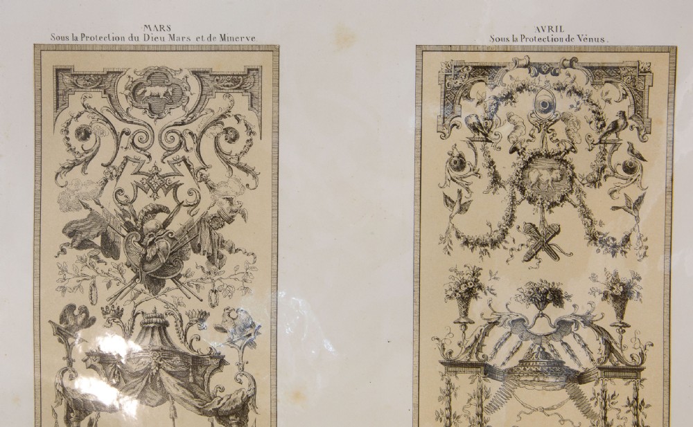 A set of six mounted antique lithographs featuring dual vertical columns of Neoclassical allegorical illustrations depicting the twelve months with intricate arabesques and figures. View VII