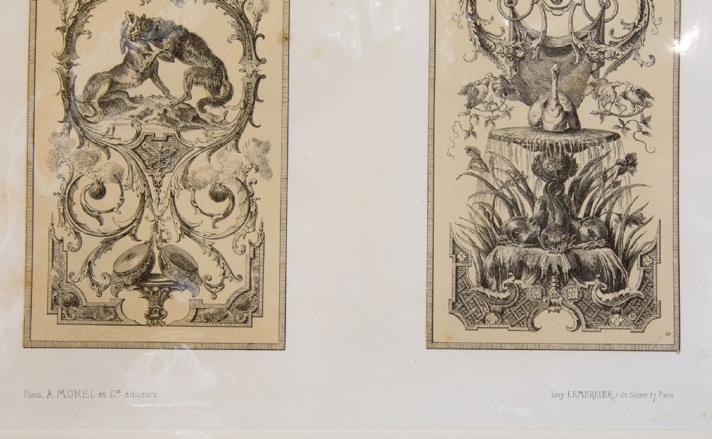 A set of six mounted antique lithographs featuring dual vertical columns of Neoclassical allegorical illustrations depicting the twelve months with intricate arabesques and figures. View VIII