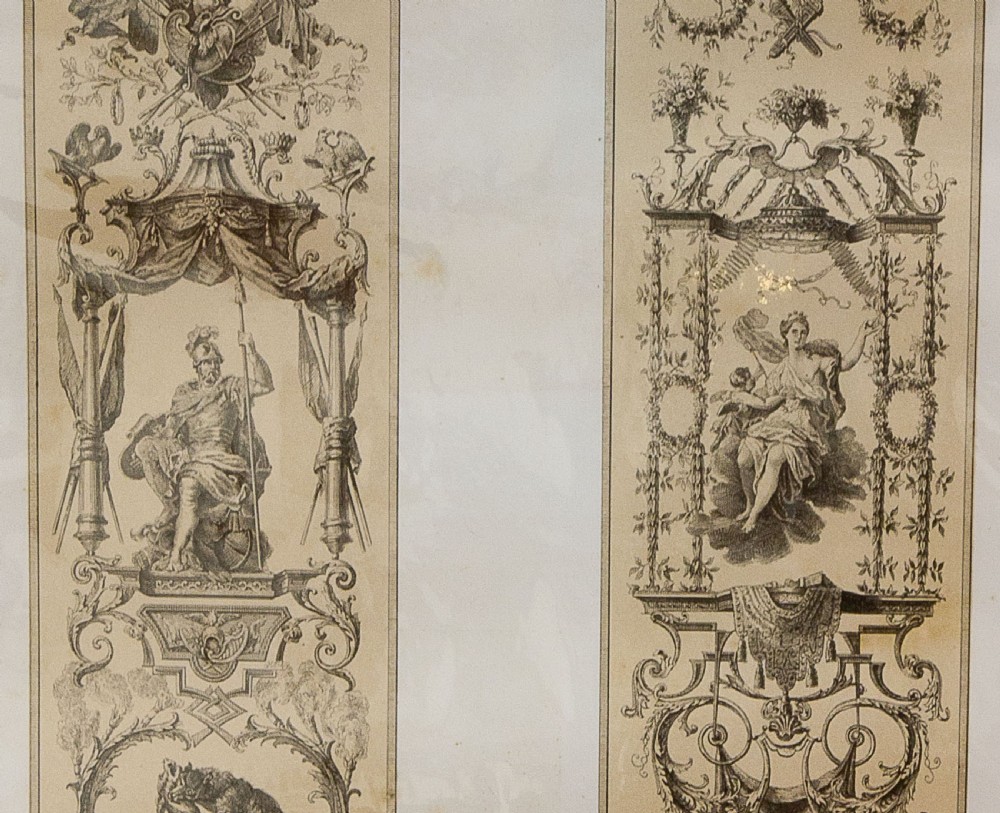 A set of six mounted antique lithographs featuring dual vertical columns of Neoclassical allegorical illustrations depicting the twelve months with intricate arabesques and figures. View IX