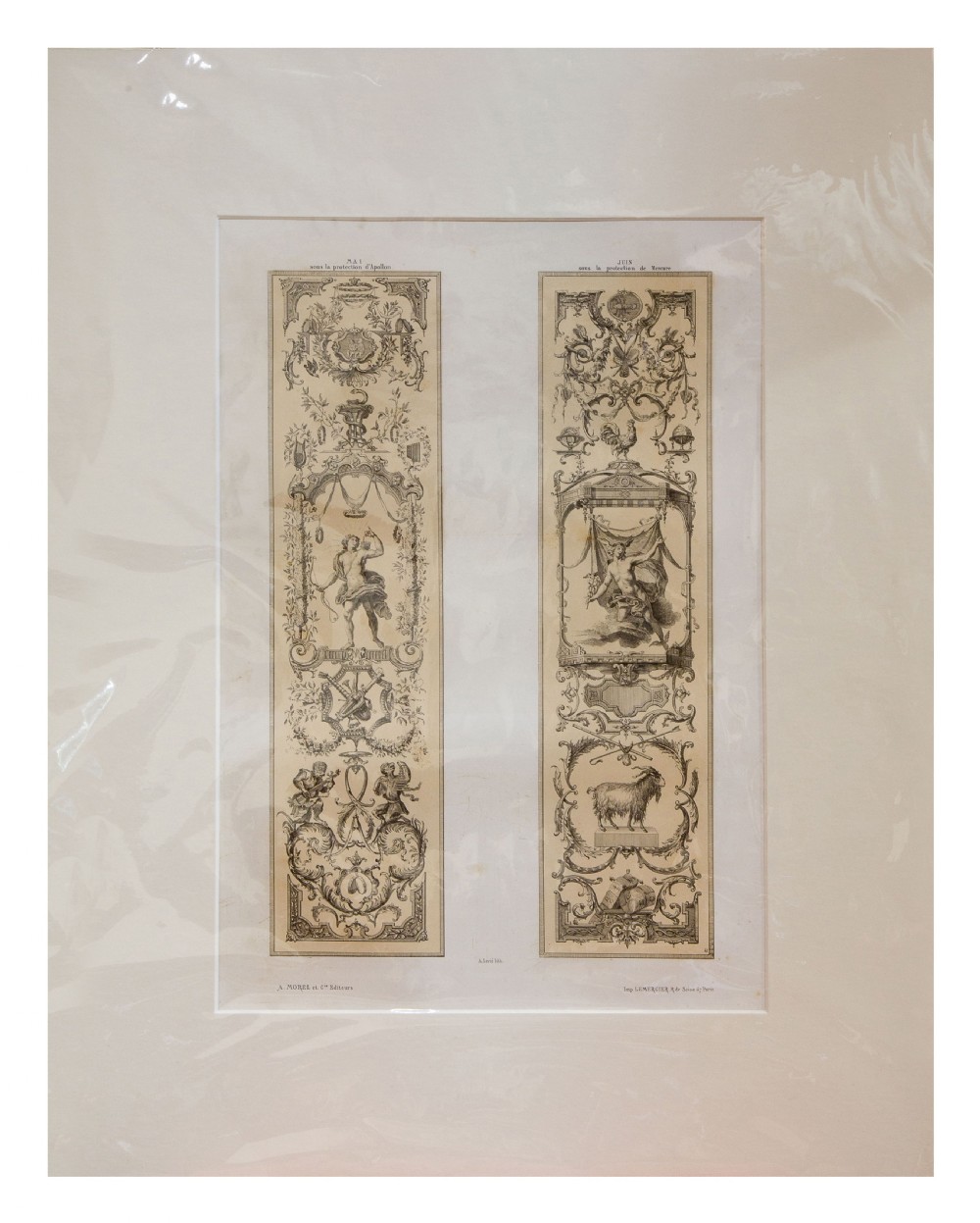 A set of six mounted antique lithographs featuring dual vertical columns of Neoclassical allegorical illustrations depicting the twelve months with intricate arabesques and figures. View X