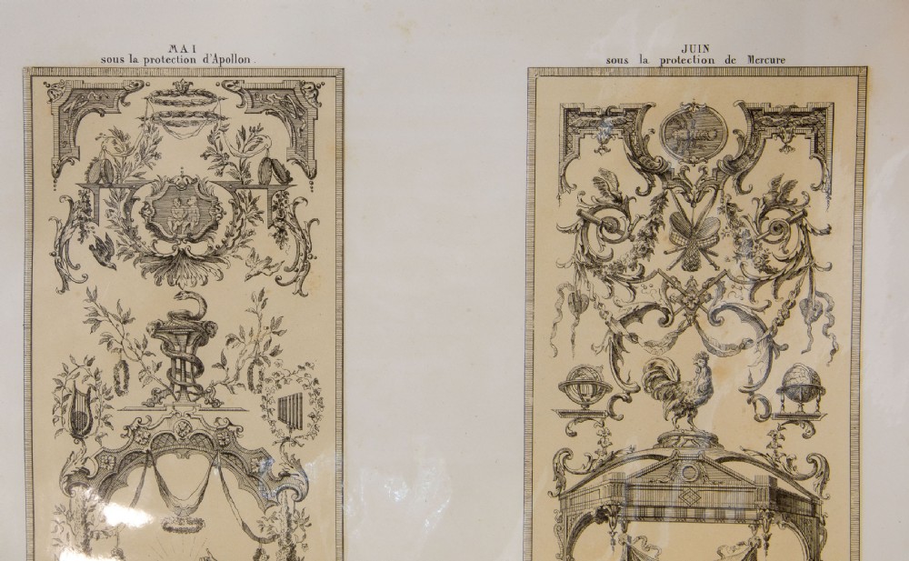 A set of six mounted antique lithographs featuring dual vertical columns of Neoclassical allegorical illustrations depicting the twelve months with intricate arabesques and figures. View XI