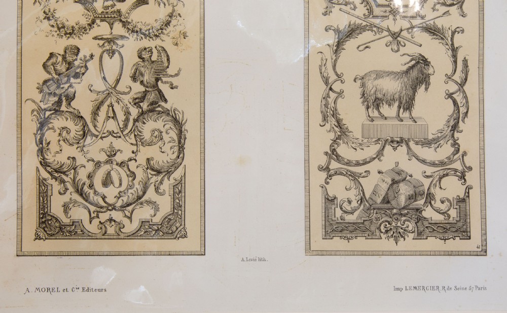 A set of six mounted antique lithographs featuring dual vertical columns of Neoclassical allegorical illustrations depicting the twelve months with intricate arabesques and figures. View XII