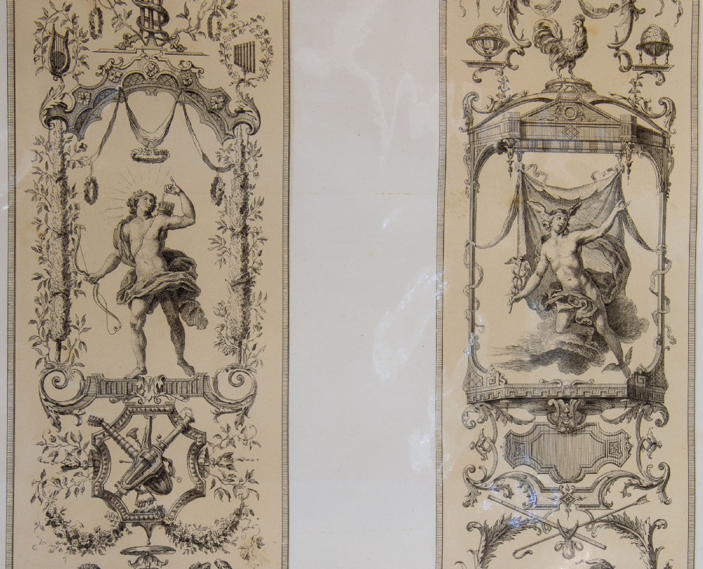 A set of six mounted antique lithographs featuring dual vertical columns of Neoclassical allegorical illustrations depicting the twelve months with intricate arabesques and figures. View XIII