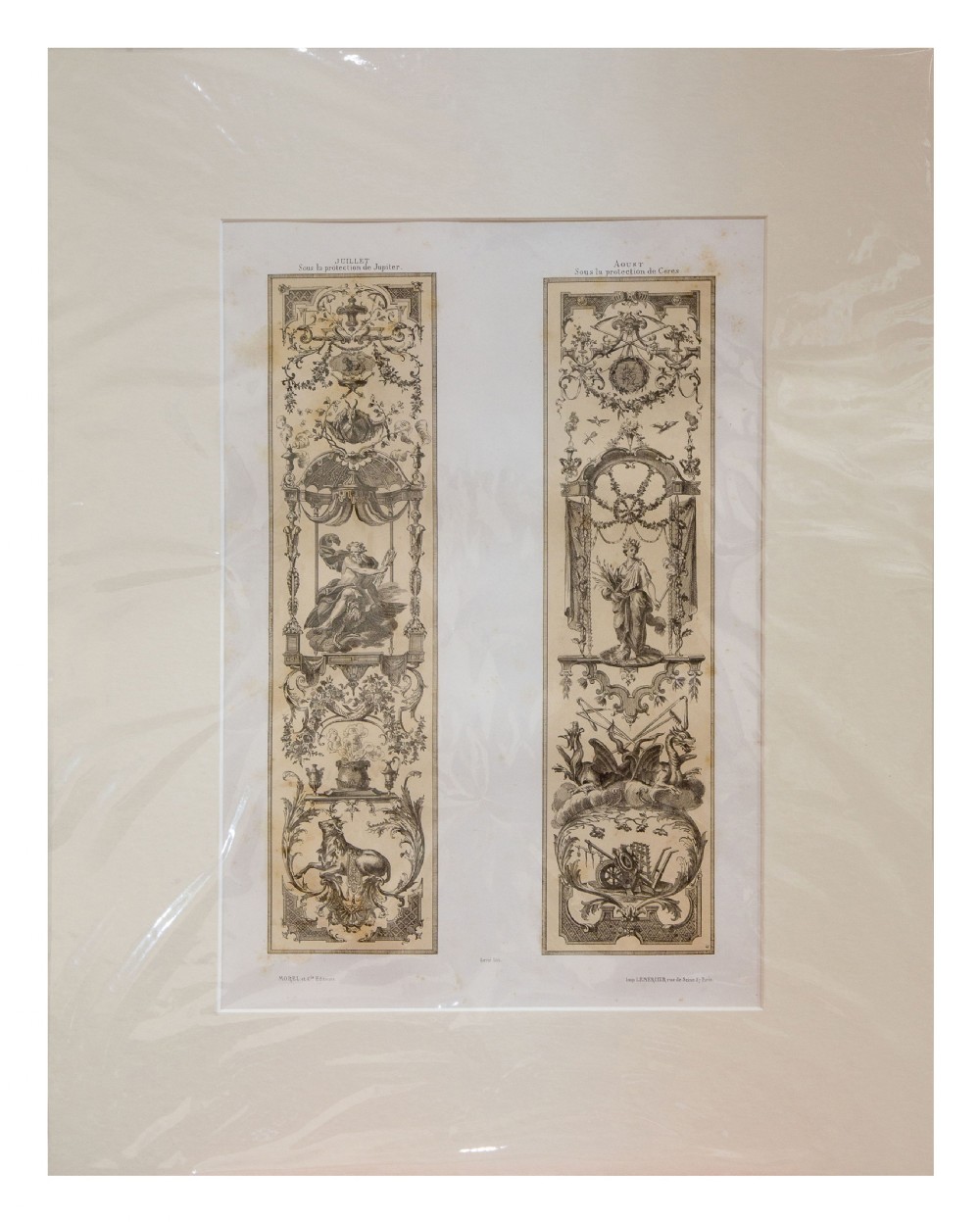A set of six mounted antique lithographs featuring dual vertical columns of Neoclassical allegorical illustrations depicting the twelve months with intricate arabesques and figures. View XIV
