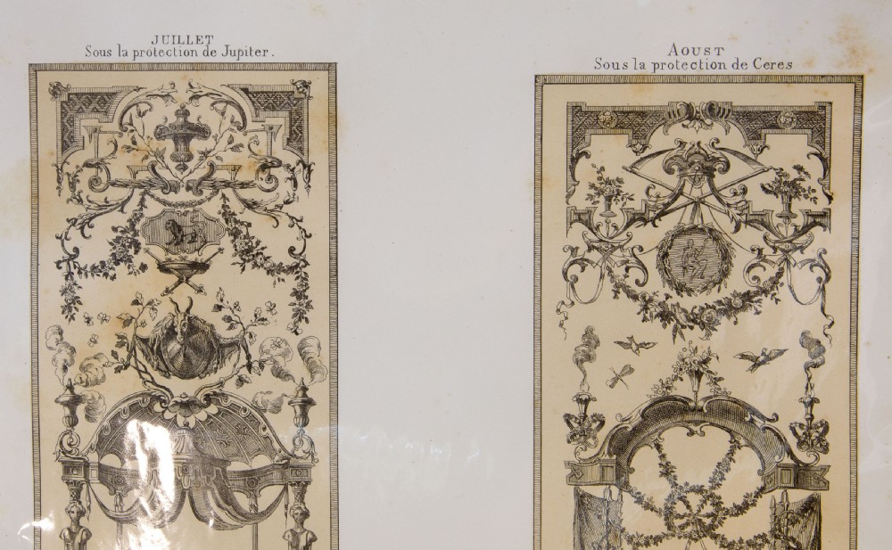 A set of six mounted antique lithographs featuring dual vertical columns of Neoclassical allegorical illustrations depicting the twelve months with intricate arabesques and figures. View XV