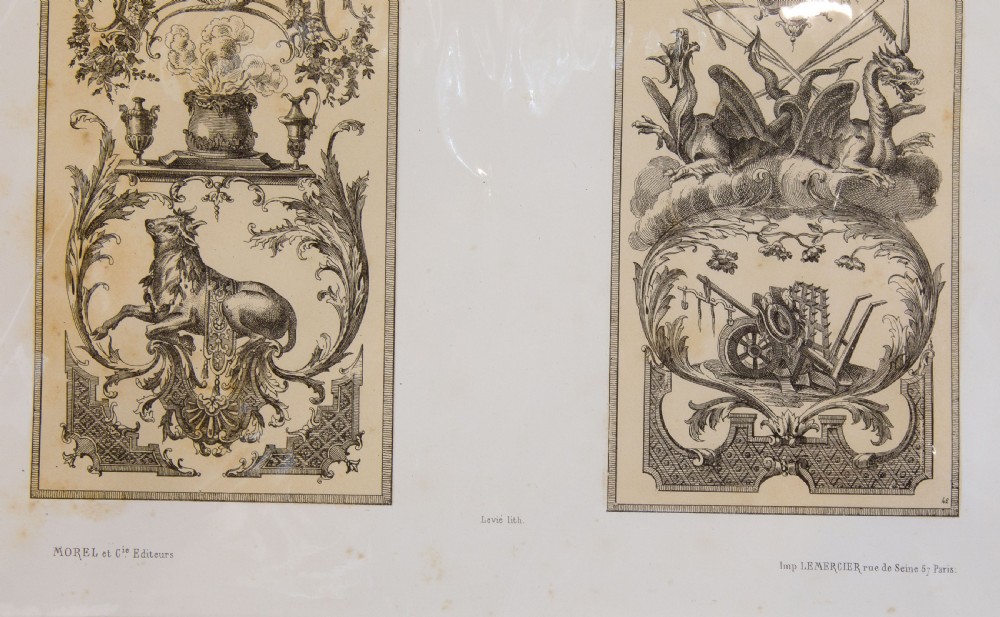 A set of six mounted antique lithographs featuring dual vertical columns of Neoclassical allegorical illustrations depicting the twelve months with intricate arabesques and figures. View XVI