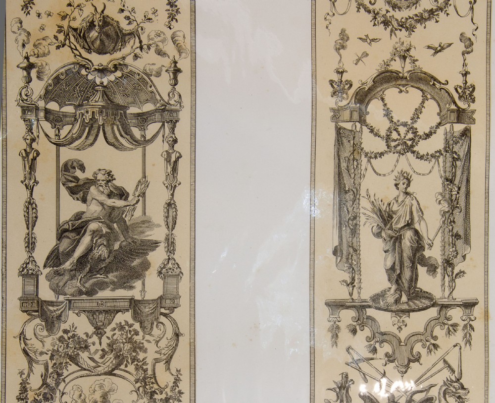 A set of six mounted antique lithographs featuring dual vertical columns of Neoclassical allegorical illustrations depicting the twelve months with intricate arabesques and figures. View XVII