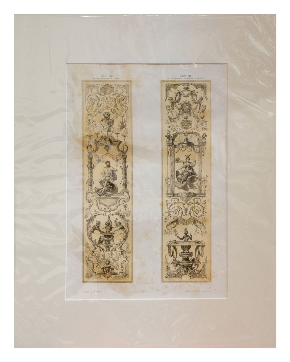 A set of six mounted antique lithographs featuring dual vertical columns of Neoclassical allegorical illustrations depicting the twelve months with intricate arabesques and figures. View XVIII