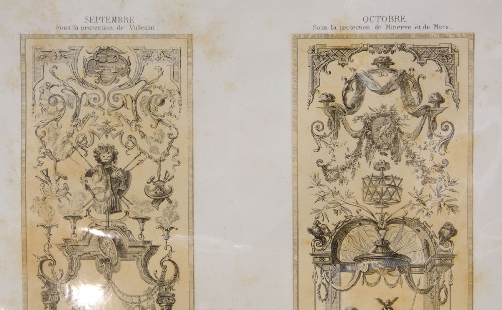 A set of six mounted antique lithographs featuring dual vertical columns of Neoclassical allegorical illustrations depicting the twelve months with intricate arabesques and figures. View XIX
