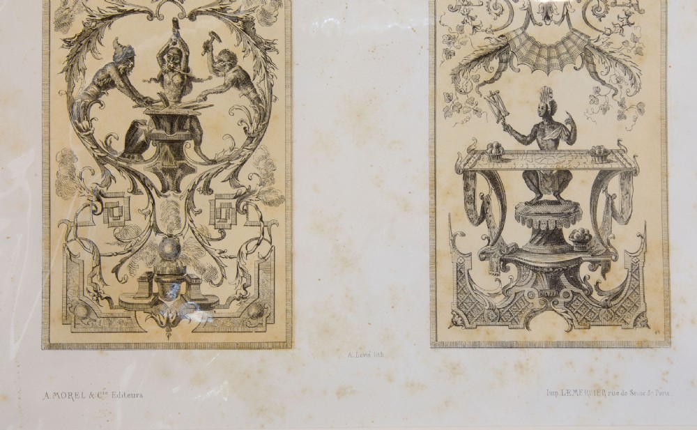 A set of six mounted antique lithographs featuring dual vertical columns of Neoclassical allegorical illustrations depicting the twelve months with intricate arabesques and figures. View XX