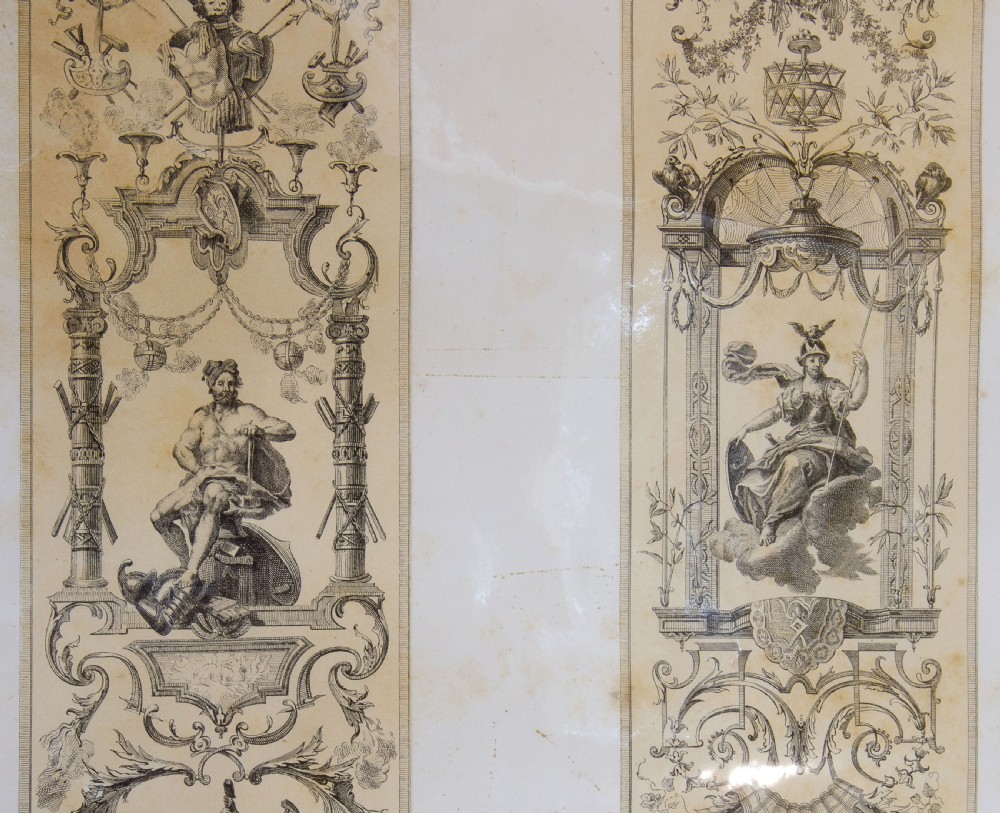 A set of six mounted antique lithographs featuring dual vertical columns of Neoclassical allegorical illustrations depicting the twelve months with intricate arabesques and figures. View XXI