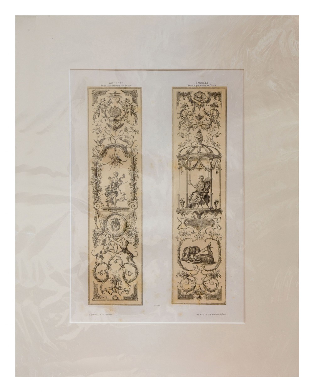 A set of six mounted antique lithographs featuring dual vertical columns of Neoclassical allegorical illustrations depicting the twelve months with intricate arabesques and figures. View XXII