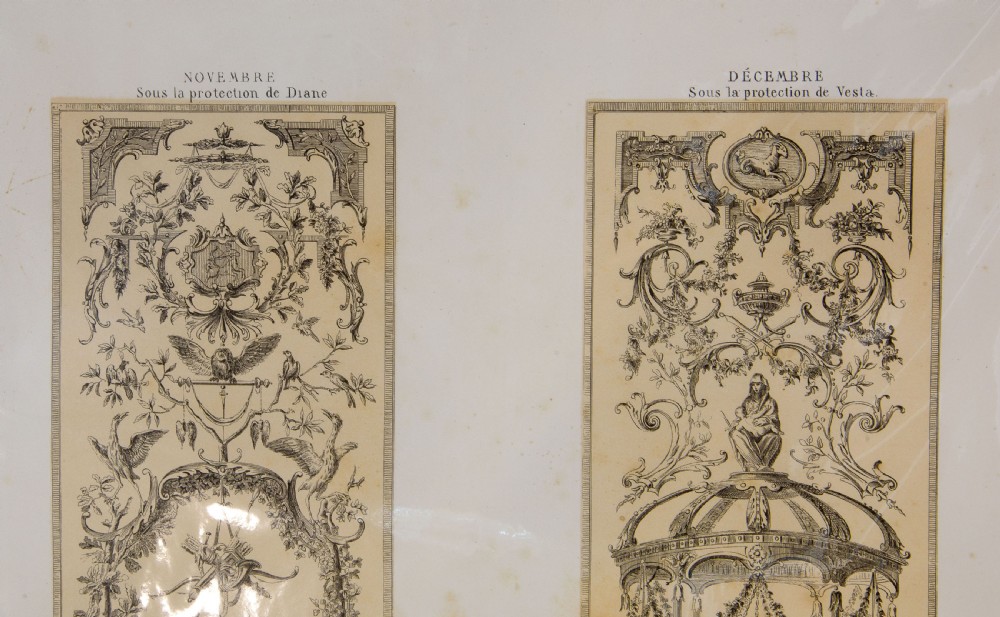 A set of six mounted antique lithographs featuring dual vertical columns of Neoclassical allegorical illustrations depicting the twelve months with intricate arabesques and figures. View XXIII