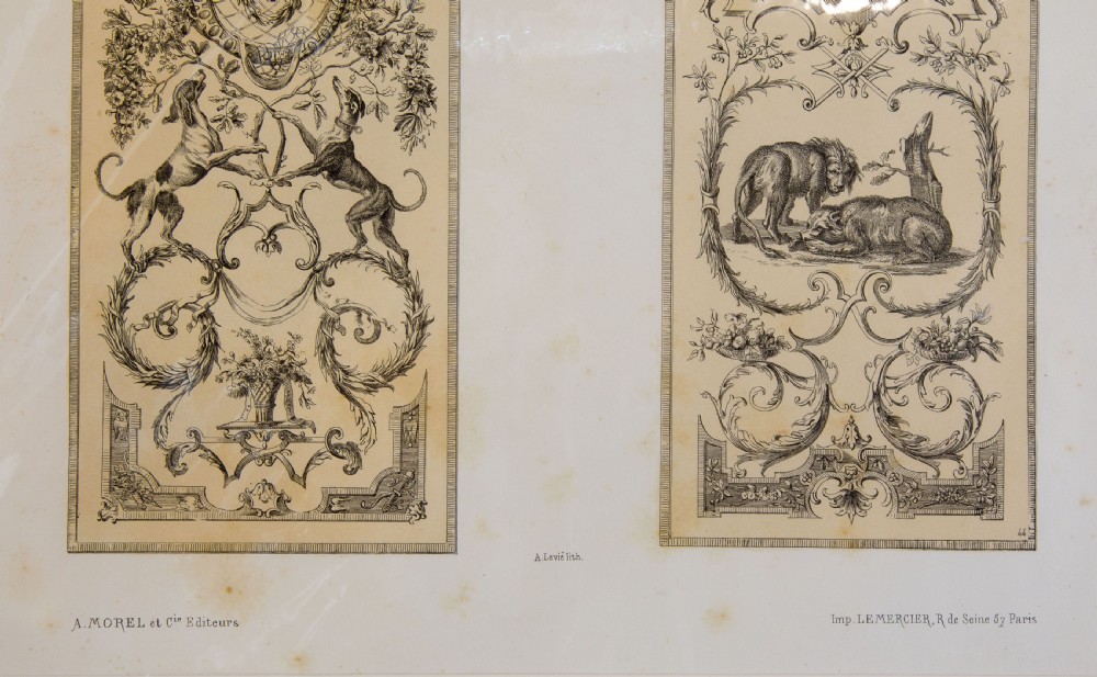 A set of six mounted antique lithographs featuring dual vertical columns of Neoclassical allegorical illustrations depicting the twelve months with intricate arabesques and figures. View XXIV