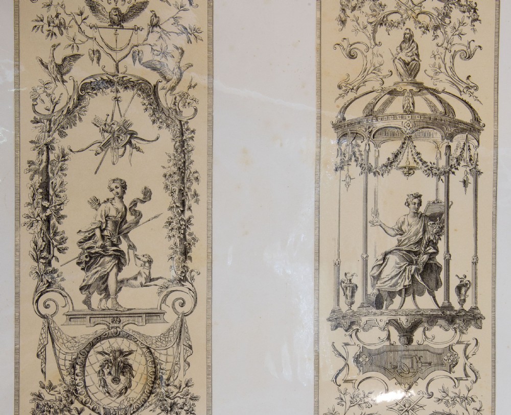 A set of six mounted antique lithographs featuring dual vertical columns of Neoclassical allegorical illustrations depicting the twelve months with intricate arabesques and figures. View XXV