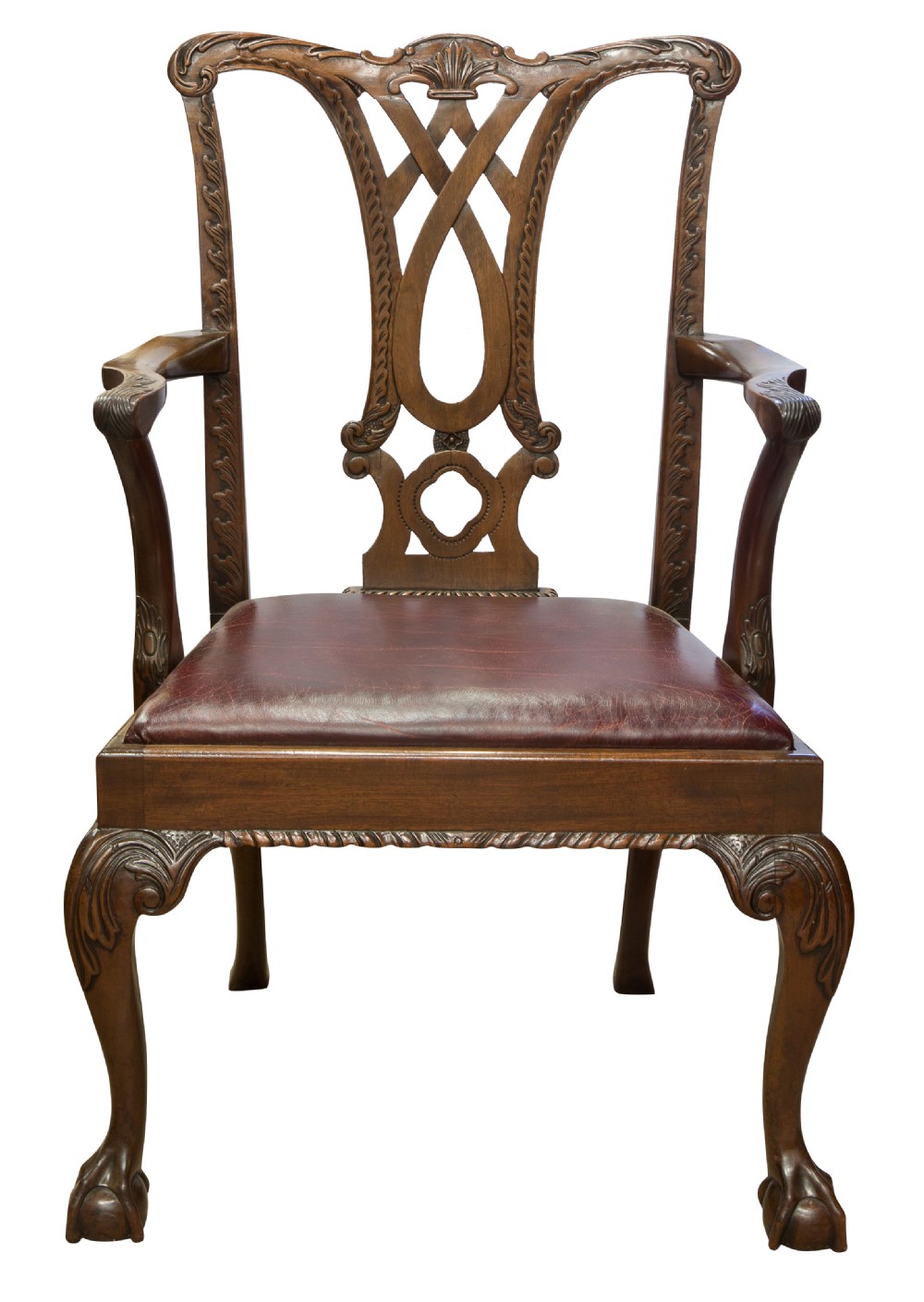 A carved Chippendale style mahogany armchair featuring a pierced back splat, burgundy leather seat, and cabriole legs with ball and claw feet. View II