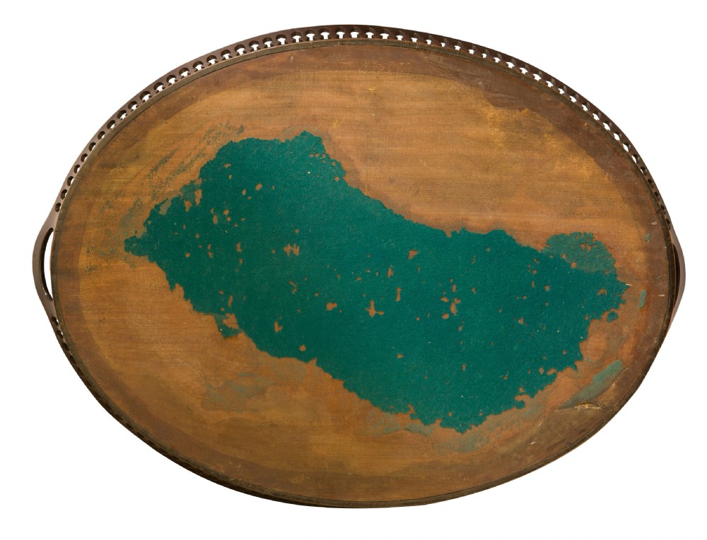 An oval mahogany serving tray with a polished dark wood grain and a raised pierced brass gallery featuring open handle grips. View IV
