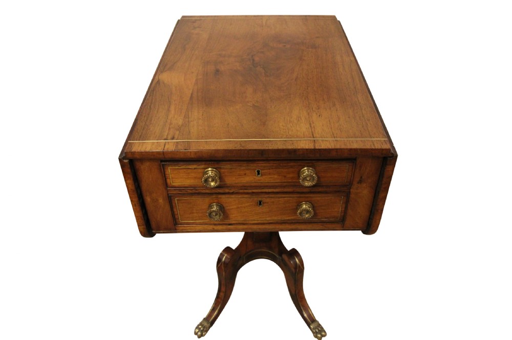 A Regency period rosewood drop-leaf work table featuring two drawers with circular brass knobs, supported by a central pedestal and four curved legs with brass lion paw castors. View V