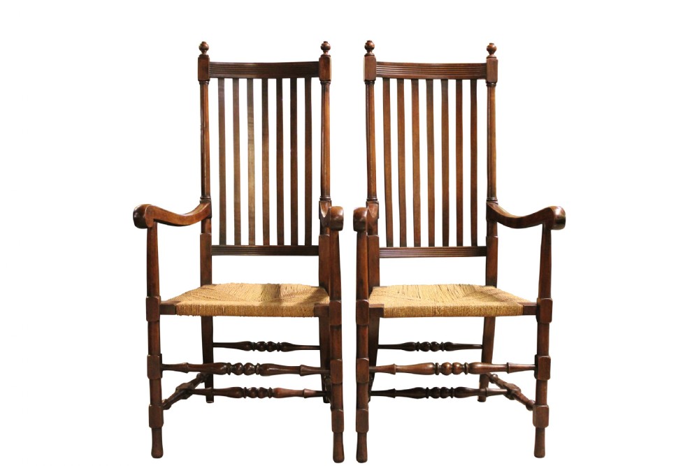 Pair of Oak Arts & Crafts High Slat Back Carver Chairs