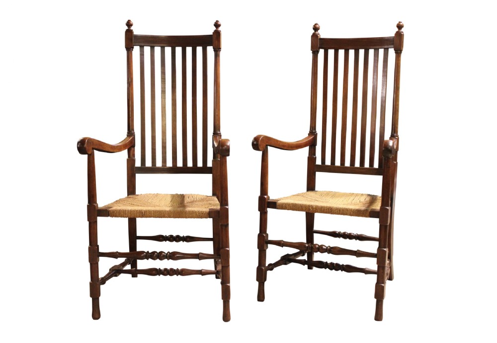 Pair of Oak Arts & Crafts High Slat Back Carver Chairs View V
