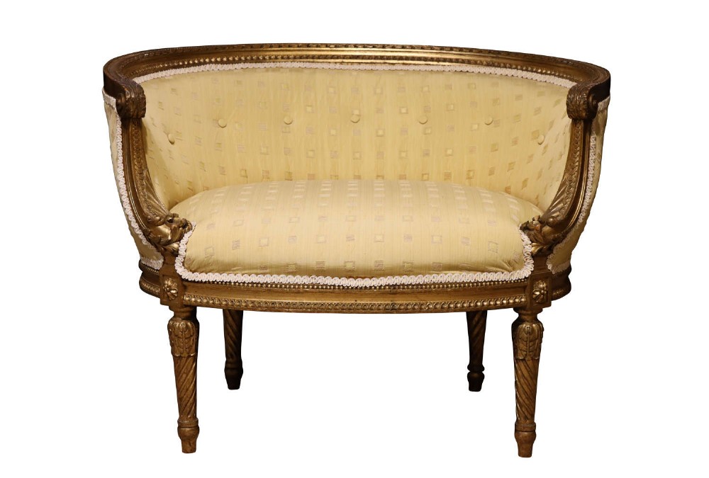 Small Giltwood Boudoir Sofa with Buttoned Curved Back, Circa 1900