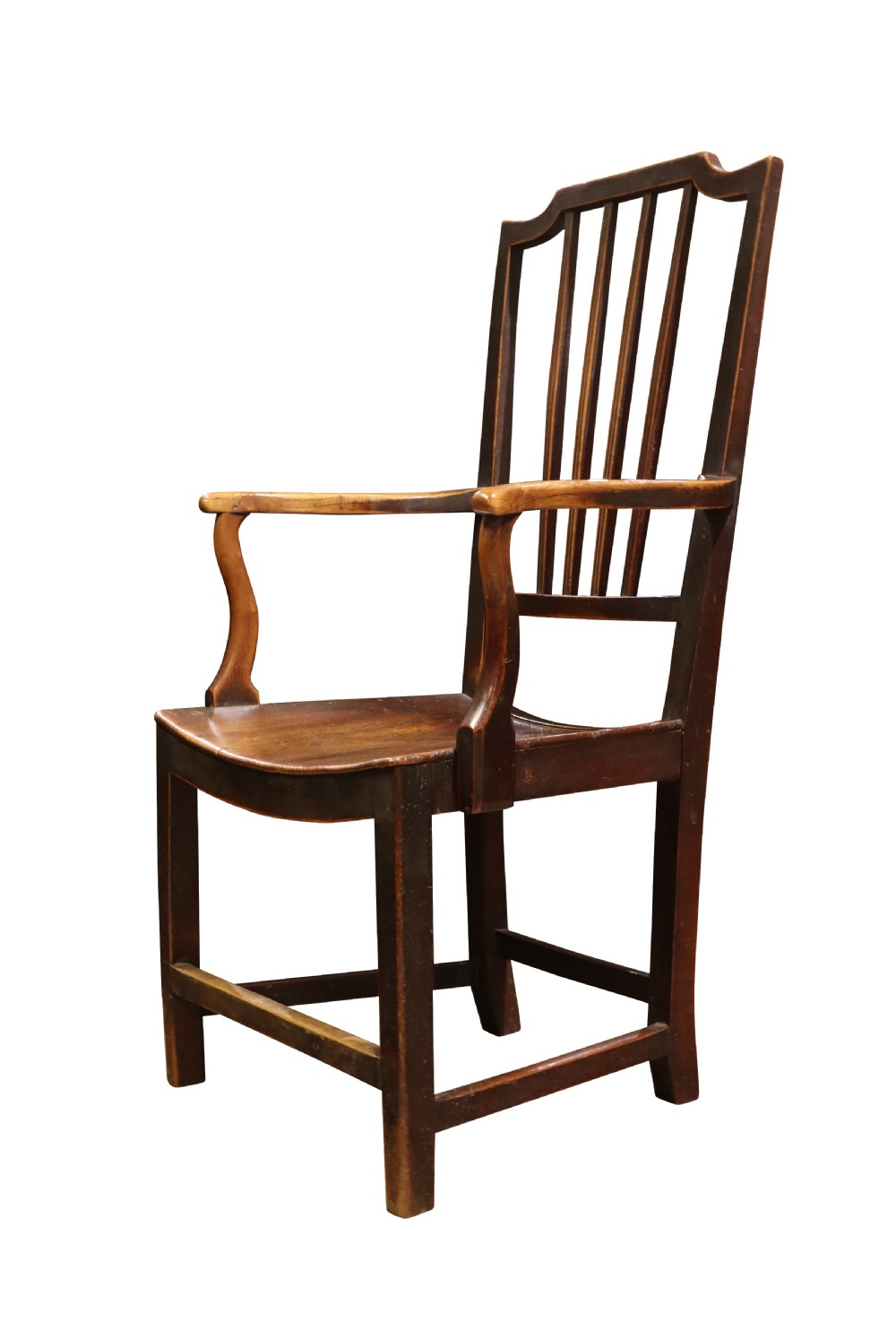 An antique high-backed wooden armchair featuring vertical back slats, curved armrests, a contoured seat, and sturdy square legs connected by stretchers. View II
