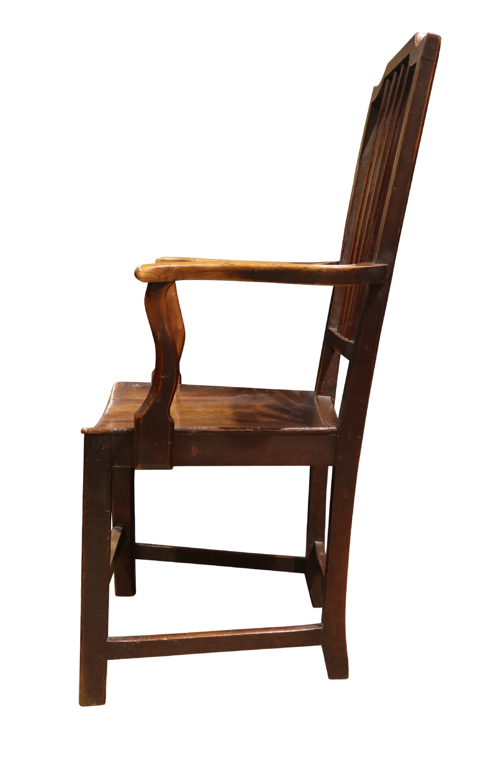 An antique high-backed wooden armchair featuring vertical back slats, curved armrests, a contoured seat, and sturdy square legs connected by stretchers. View III