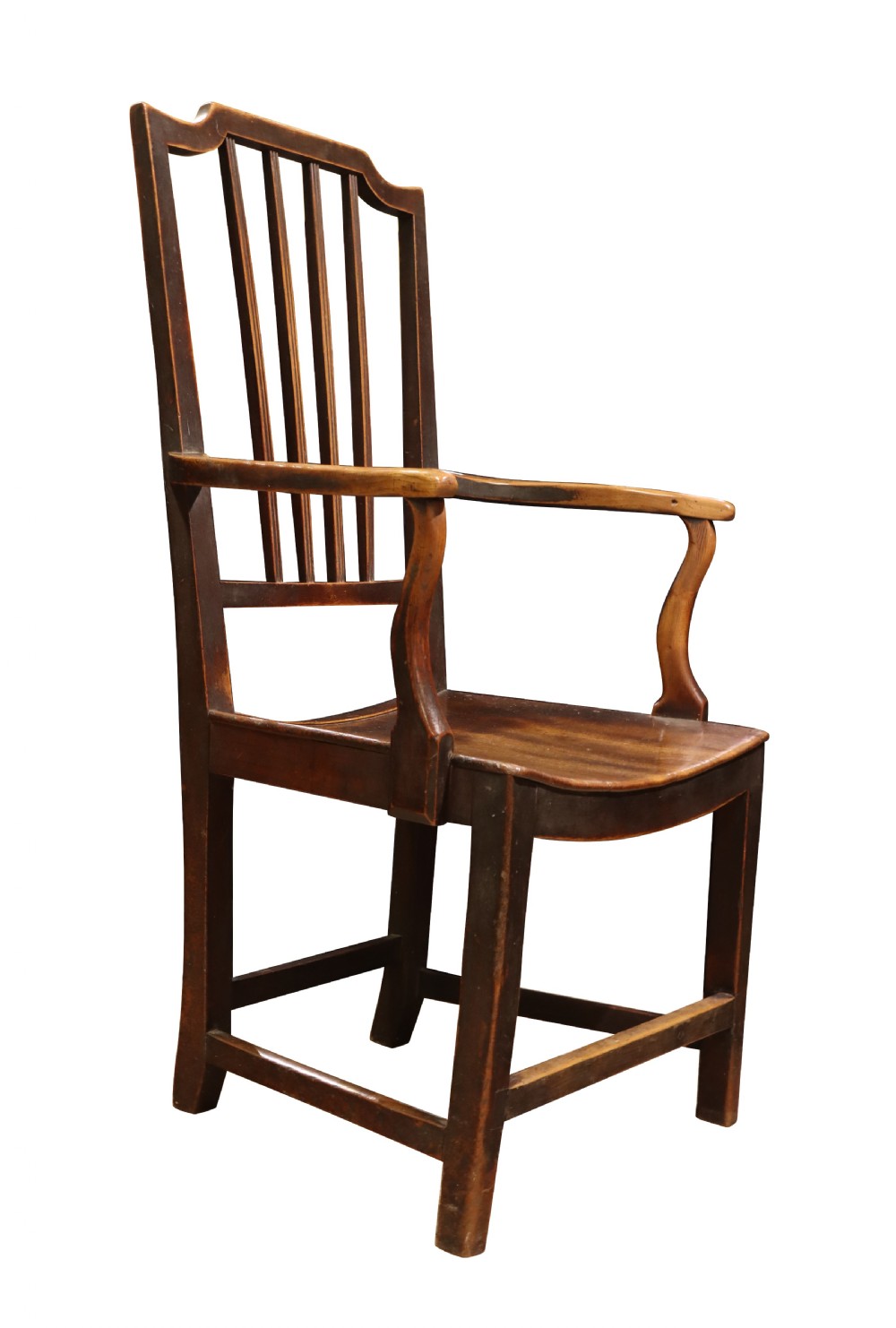 An antique high-backed wooden armchair featuring vertical back slats, curved armrests, a contoured seat, and sturdy square legs connected by stretchers. View IV