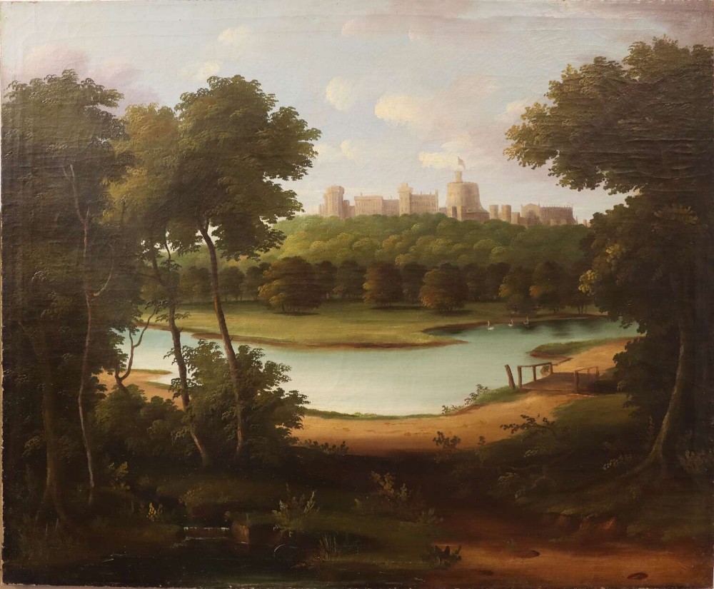 An antique 19th-century oil painting on canvas depicting Windsor Castle atop a distant hill framed by trees and a river in the foreground.
