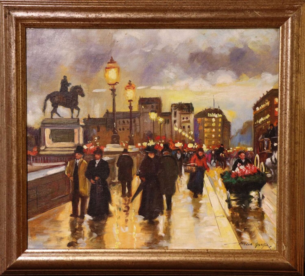 An impressionist oil painting depicting a rainy Parisian street near the Pont Neuf with figures and gas lamps, presented in a moulded gilt frame.