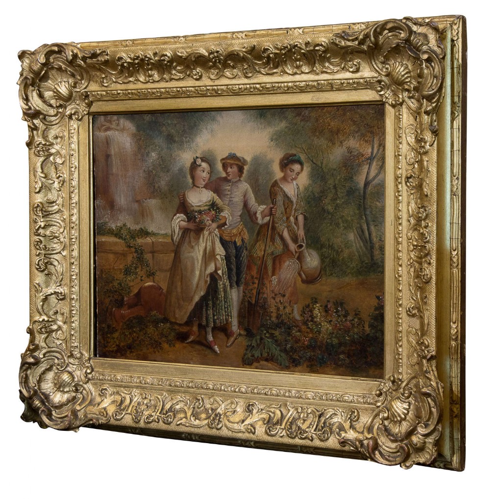 A 19th-century French oil painting on canvas depicting figures in a garden setting, displayed in a heavily carved gilded frame.