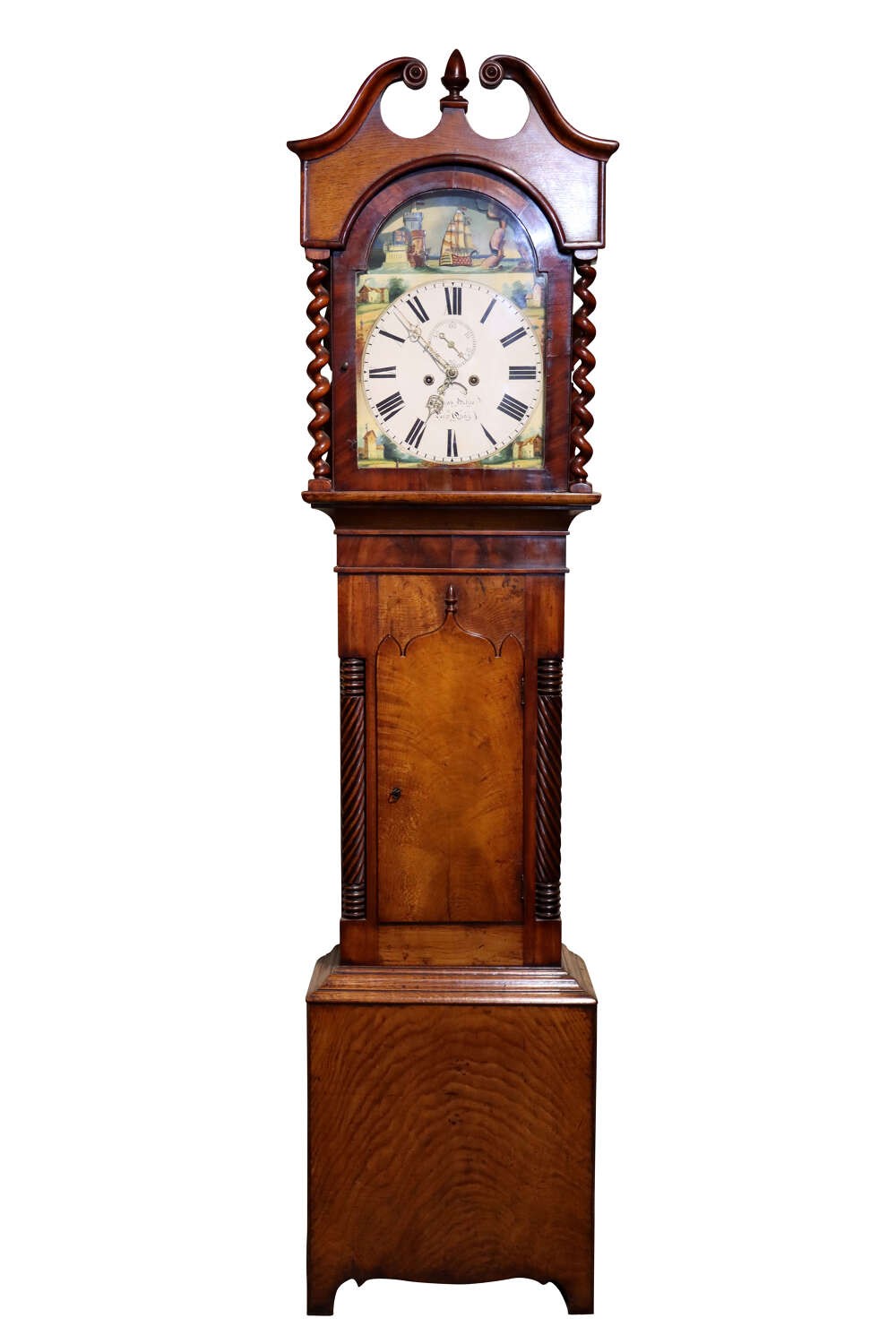 A late 18th-century Welsh oak longcase clock with a swan-neck pediment, spiral side columns, and a hand-painted dial featuring a ship illustration.