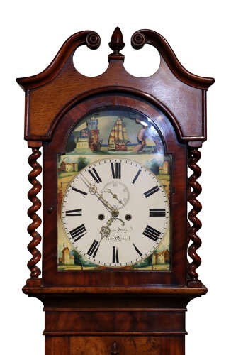 A late 18th-century Welsh oak longcase clock with a swan-neck pediment, spiral side columns, and a hand-painted dial featuring a ship illustration. View II