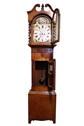 A late 18th-century Welsh oak longcase clock with a swan-neck pediment, spiral side columns, and a hand-painted dial featuring a ship illustration. View V