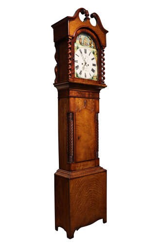 A late 18th-century Welsh oak longcase clock with a swan-neck pediment, spiral side columns, and a hand-painted dial featuring a ship illustration. View VII