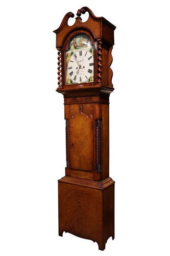 A late 18th-century Welsh oak longcase clock with a swan-neck pediment, spiral side columns, and a hand-painted dial featuring a ship illustration. View VIII