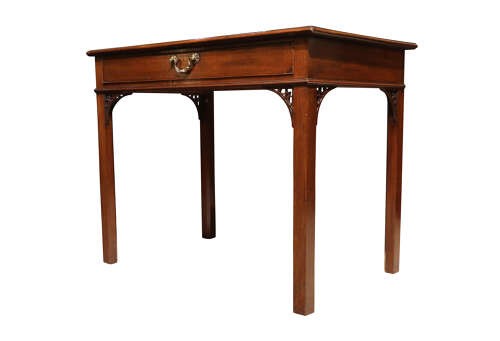 A Georgian mahogany side table featuring a single long drawer with a brass handle, straight square legs, and pierced Gothic corner brackets. View II