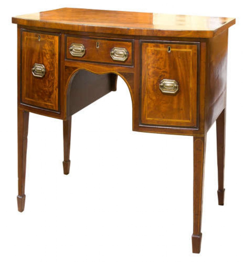 A small George III mahogany bow-front sideboard featuring purpleheart crossbanding, brass handles, an arched central kneehole, and tapered legs.