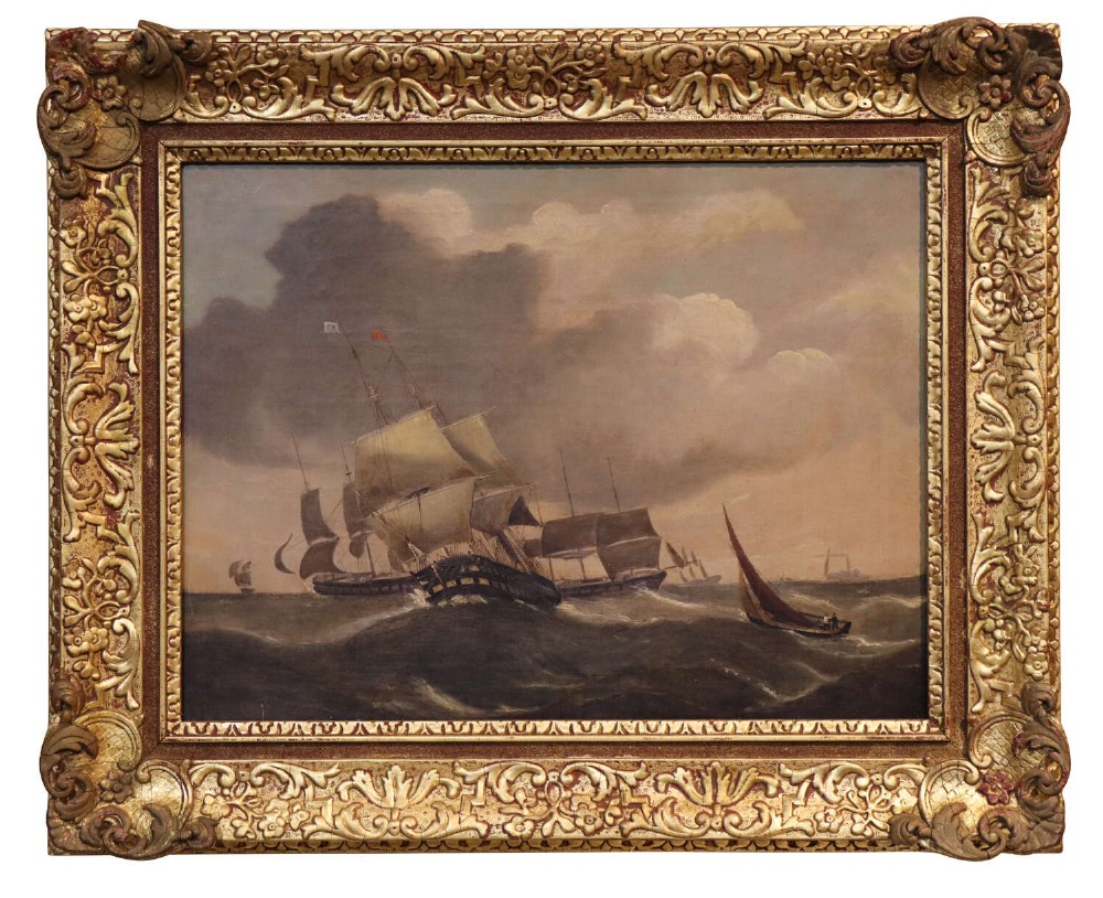An early Victorian oil painting on canvas depicting sailing ships navigating rough ocean seas, housed in a wide carved gilt frame.