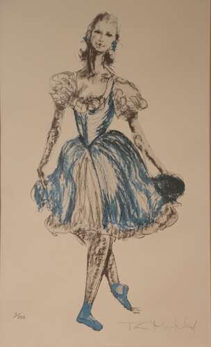A framed limited edition print depicting a ballet dancer in a blue and cream dress inside a gilded frame. View III