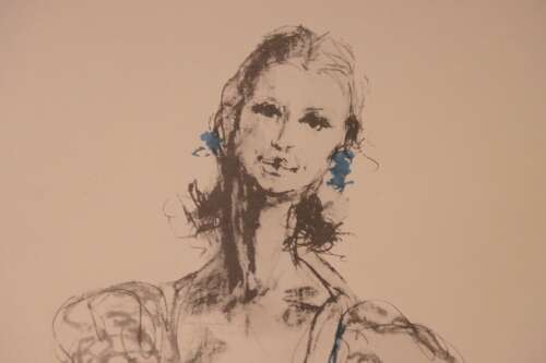 A framed limited edition print depicting a ballet dancer in a blue and cream dress inside a gilded frame. View IV
