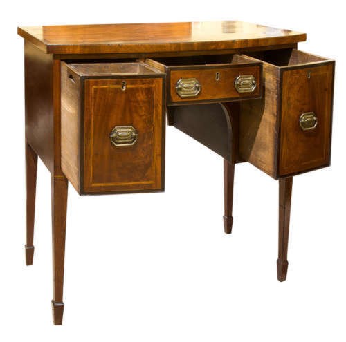 A small George III mahogany bow-front sideboard featuring purpleheart crossbanding, brass handles, an arched central kneehole, and tapered legs. View II