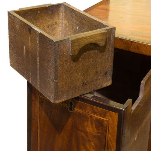 A small George III mahogany bow-front sideboard featuring purpleheart crossbanding, brass handles, an arched central kneehole, and tapered legs. View VII